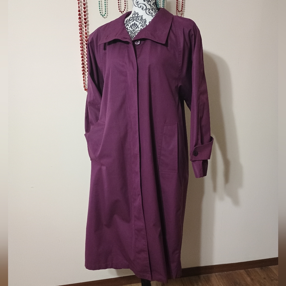 Vintage London Fog Beltless Midi Trench Coat Purple Size 6 - Picture 2 of 16